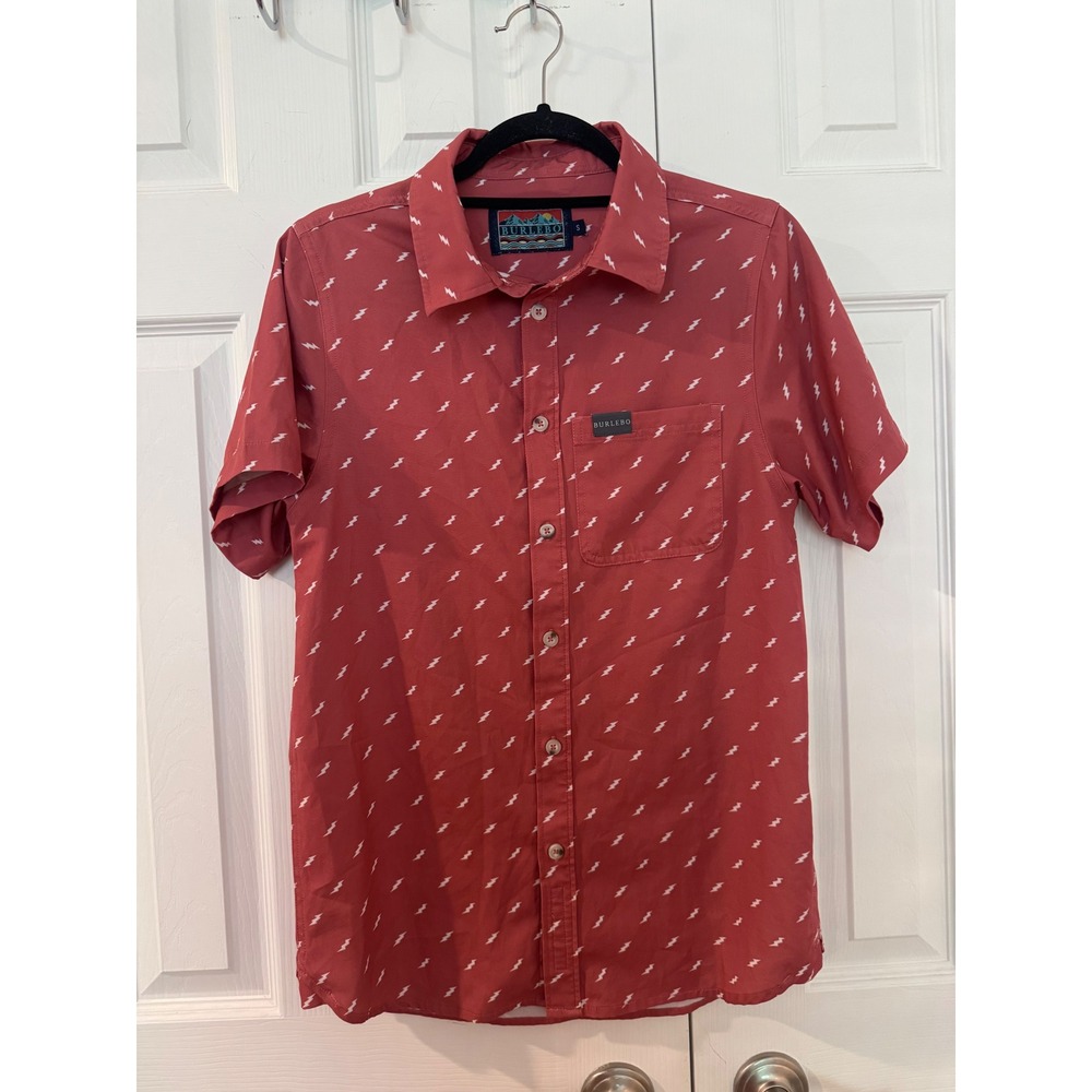 Burlebo Mens Small Red Lightning Bolt Performance Short Sleeve Button Down Shirt